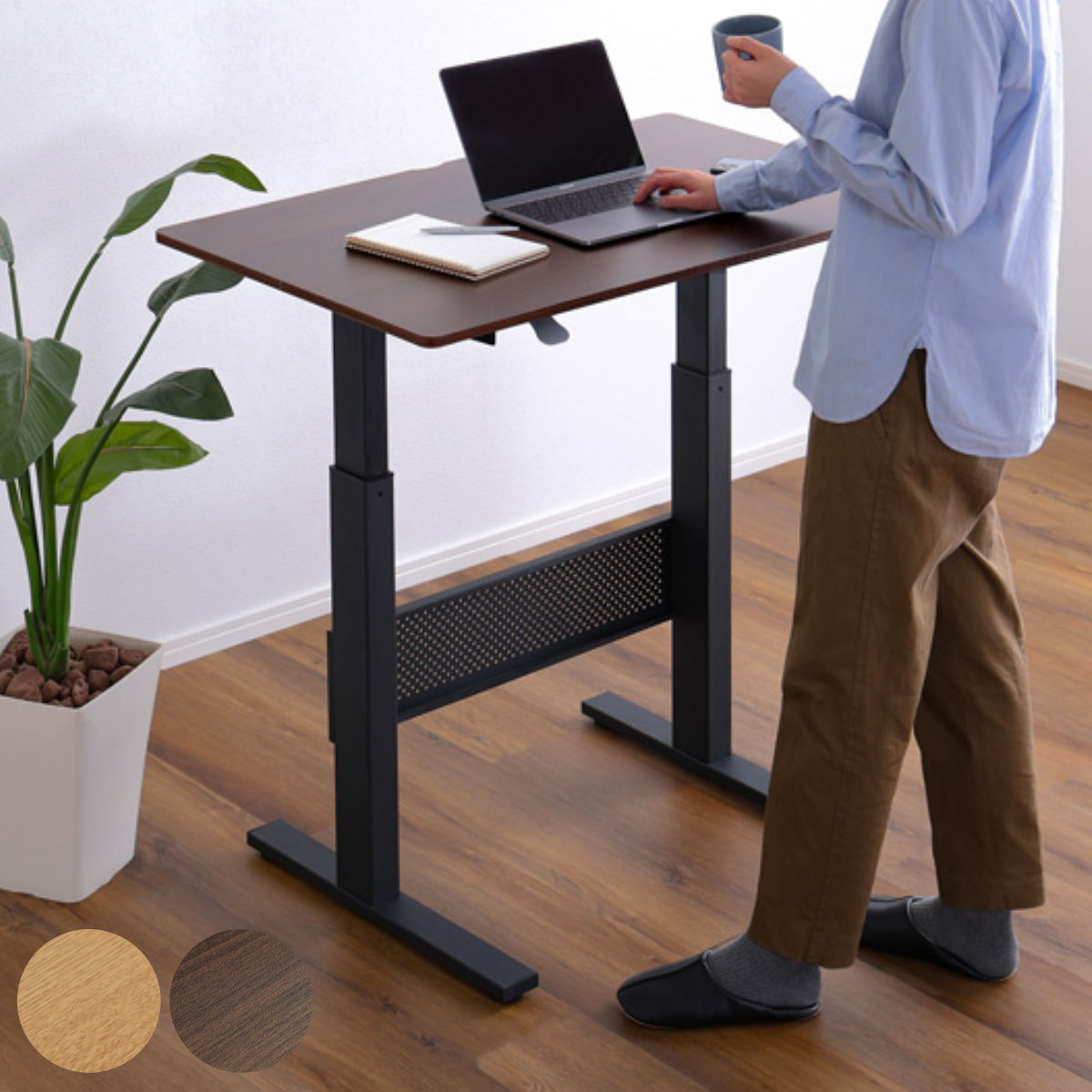 ワークデスク 昇降テーブル 幅96.5cm ガス圧 無段階レバー式 スタンディングデスク 昇降デスク パソコンデスク 高さ調節 木目調 机 昇降式 パソコン 在宅ワーク