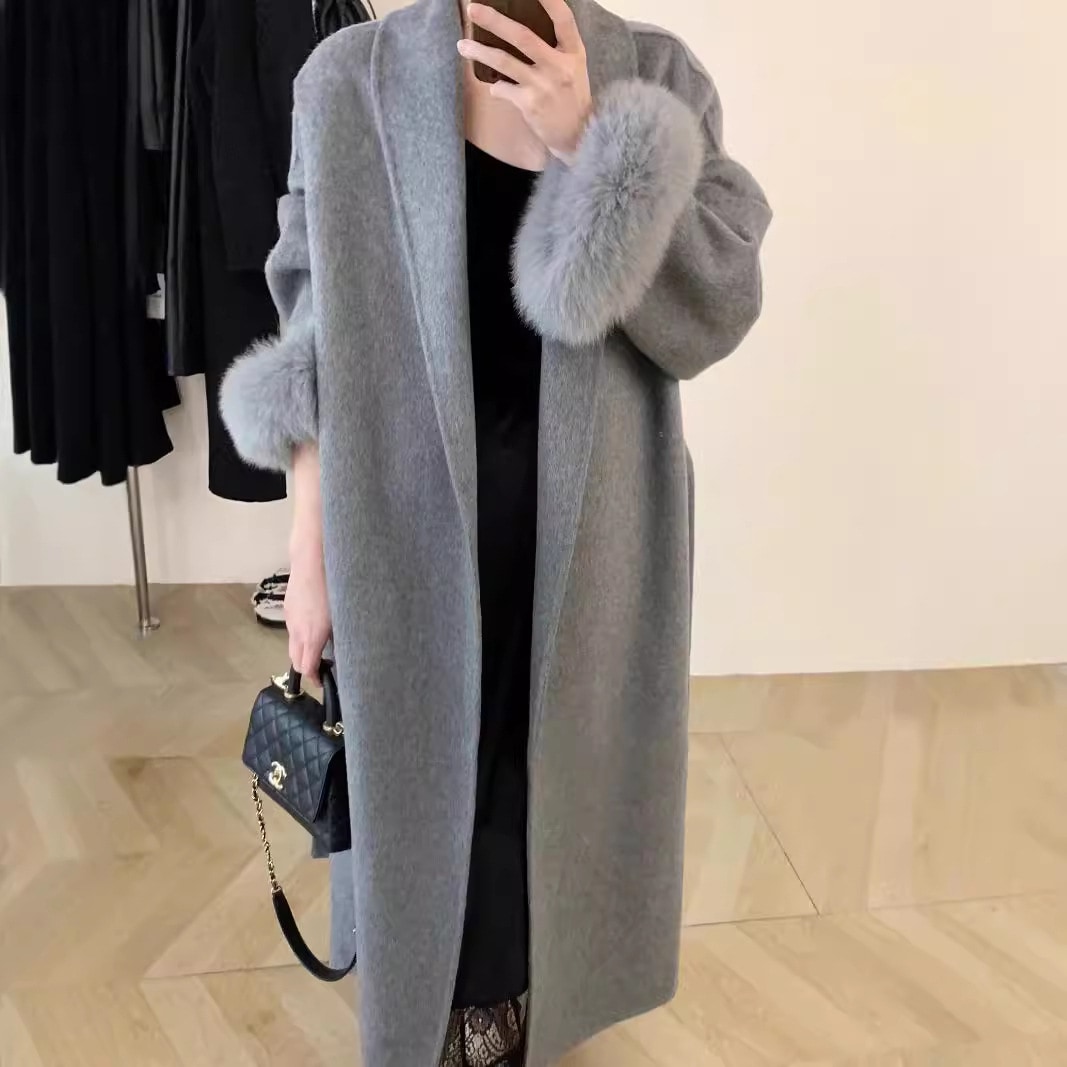 女性用ロング両面カシミヤコート新スタイルフォックスファーウールコート取り外し可能な袖口付き