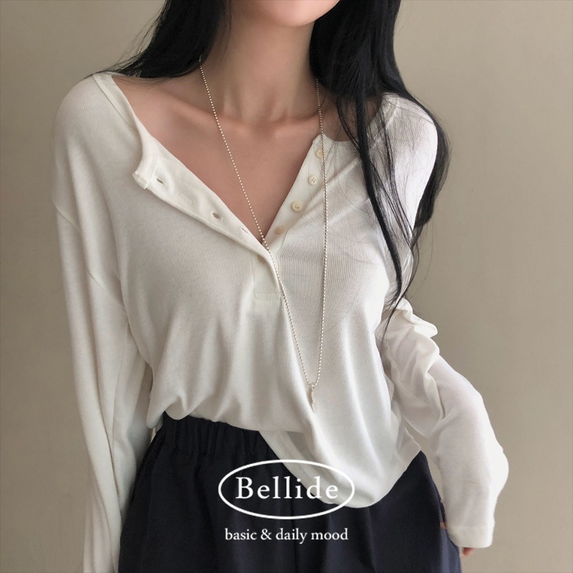 韓国の女性ファッション/ [MADE] ひらひらリブオープンボタンTシャツ ts1293