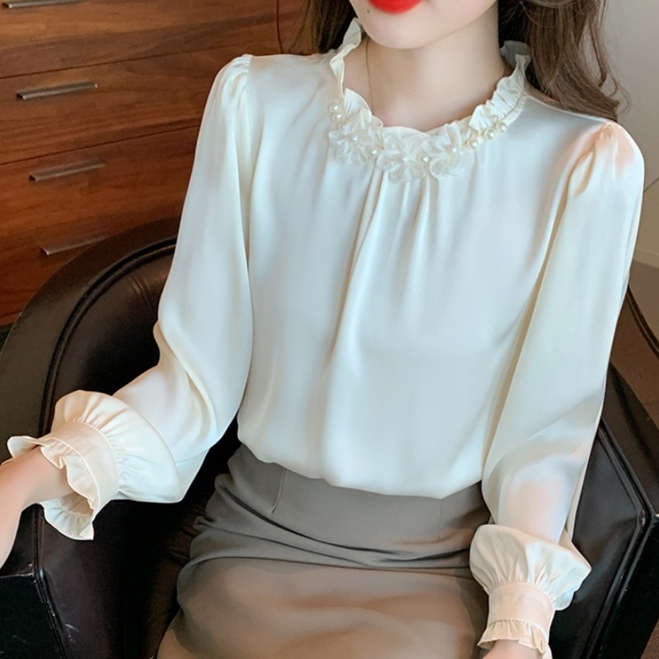 レディース トップス シャツ ブラウス プルオーバー シルクシャツ 長袖 スタンドカラー フェミニン 薄手 かわいい 大人可愛い きれいめ シンプル カジュアル 上品 おしゃれ レトロ こなれ感 ラフ