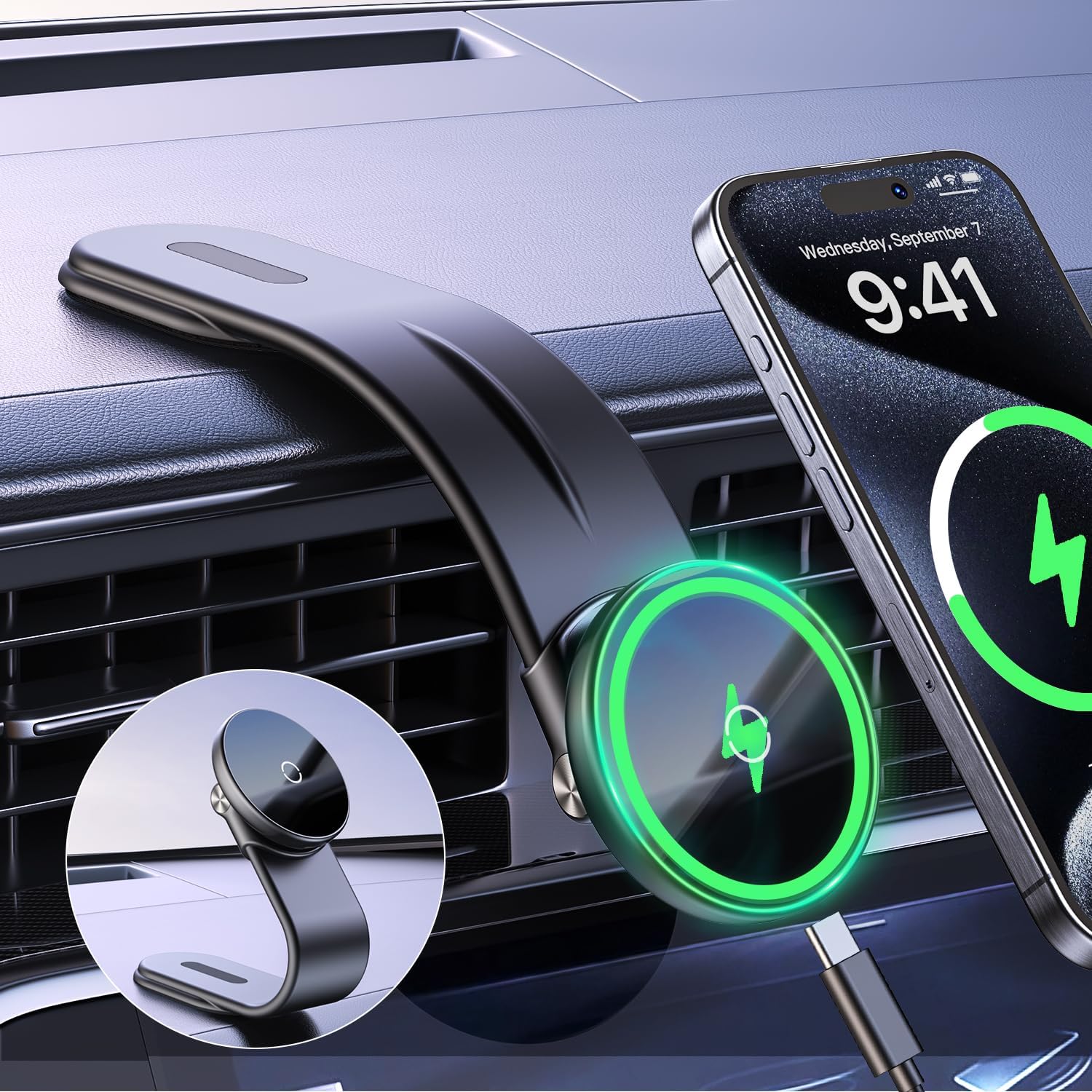 車載用折り畳み式マグネットスマートフォンホルダー 形状記憶合金 3M粘着 360度回転 超強磁力 急速ワイヤレス充電対応 4-7インチ多機種対応