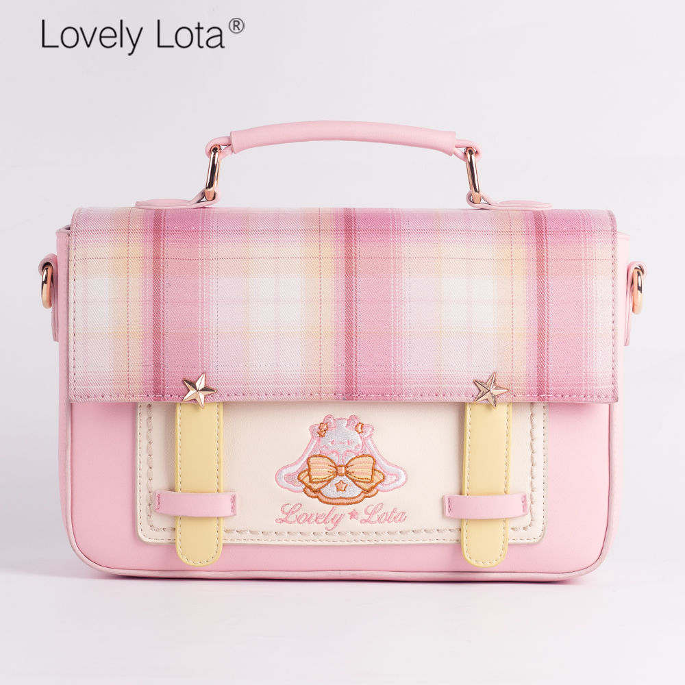 LovelyLota初恋星月兎IP格子縞ピンク学院風郵便バッグケンブリッジバッグ斜め掛けショルダーバッグ