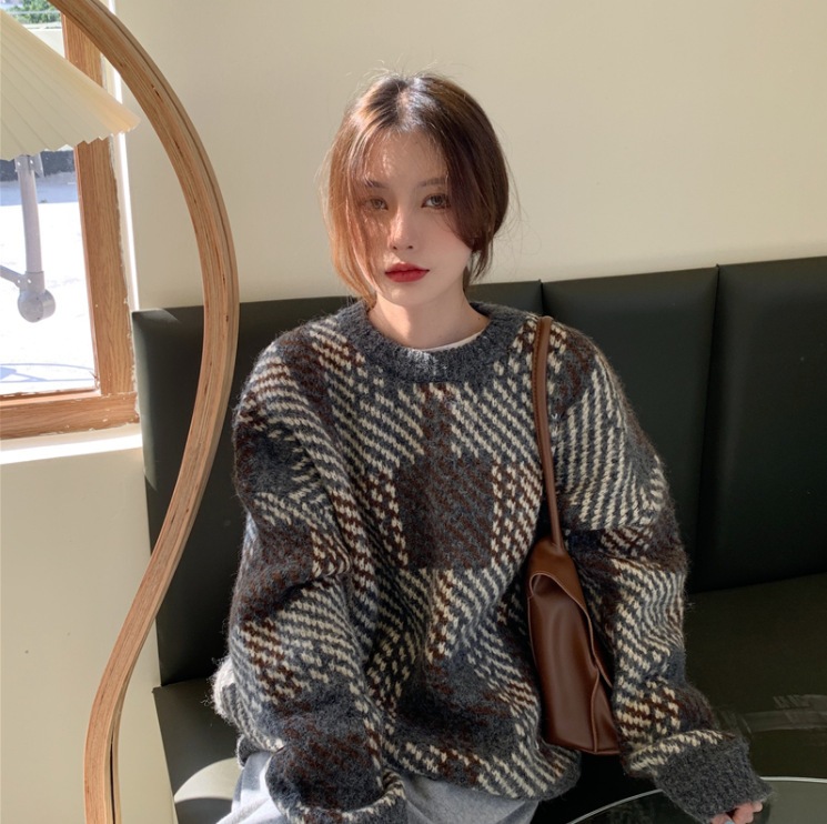 2カラー トップス レディース ニット セーター 長袖 ラウンドネック もこもこ 起毛 ふわふわ チェック アーガイル ゆったり アプリコット グレー アッシュ オレンジ カジュアル 女の子らしい