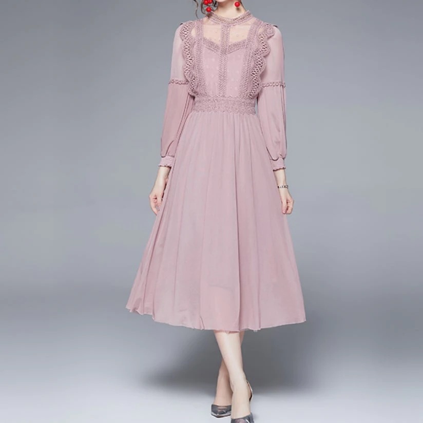 ワンピース 上着 人気 おすすめ おしゃれ お洒落 激安 安い プチプラ 長袖 ロング シースルー ラウンドネック 丸首 ふんわり Aライン 膝丈 レース 透け ポリエステル 可愛い lon