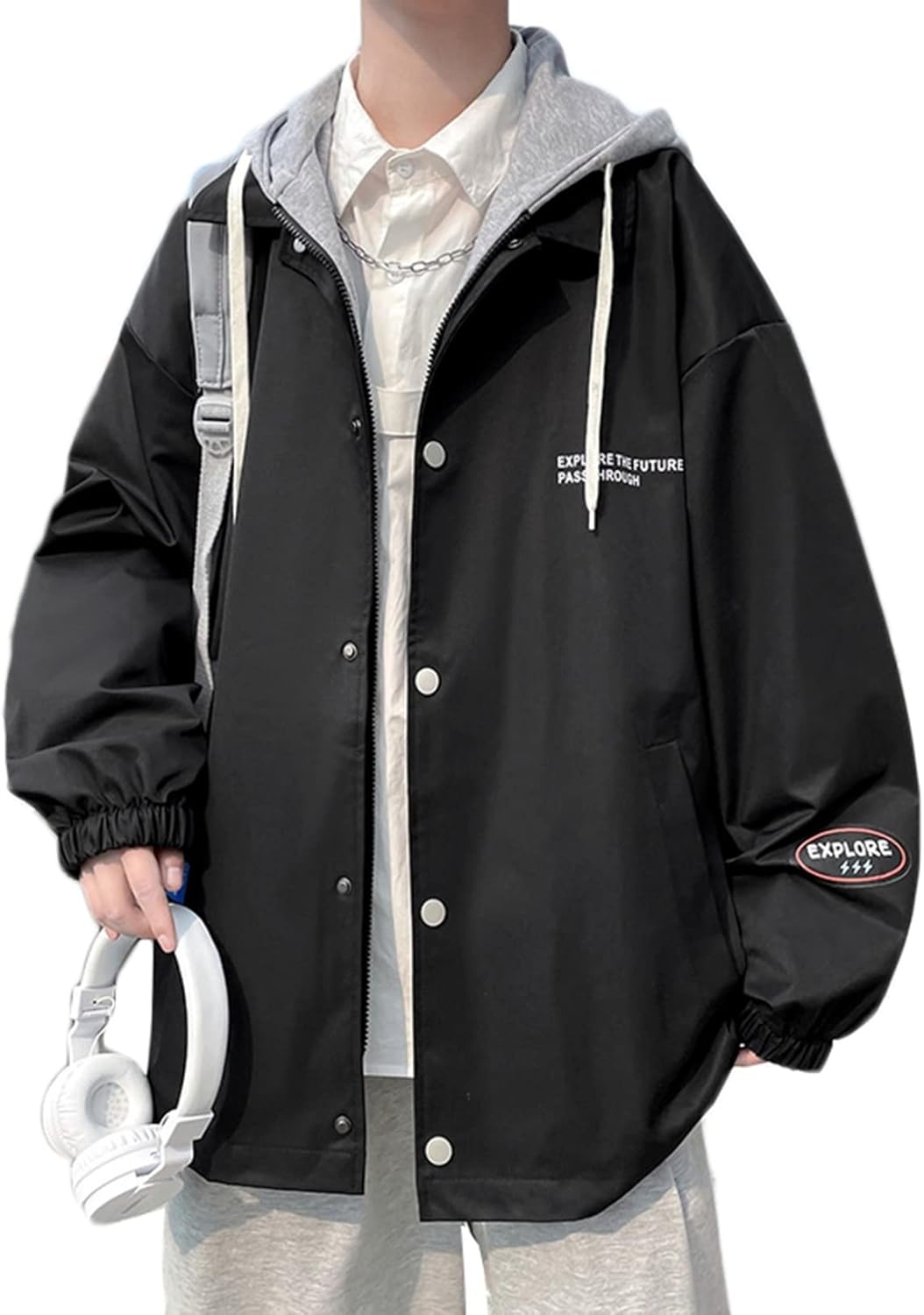 男性用 長袖 パーカー 春秋服 ジャケット アウター ボタン付き 総柄 プリント ビッグシルエット オシャレ 通気 防風 フード付き 体型パカー トップス トレーナー 快適 柔らかい 丈長め カジュア