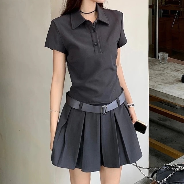 2024 春夏2点セット ワンピース ベルト付き ミニ丈 Aライン プリーツ ポロシャツ 半袖 ゆったり 夏 グレー おしゃれ かわいい 韓国ファッション レディース お出かけ安い
