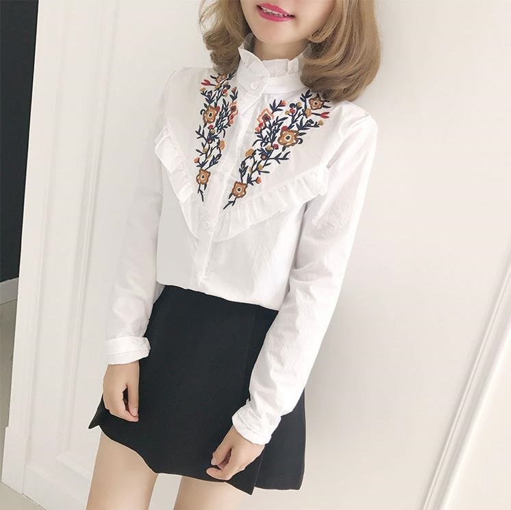 2421.ハイネック花柄刺繍ブラウス（ホワイト）2019 春夏秋 カジュアル 長袖 普段使い 通勤通学