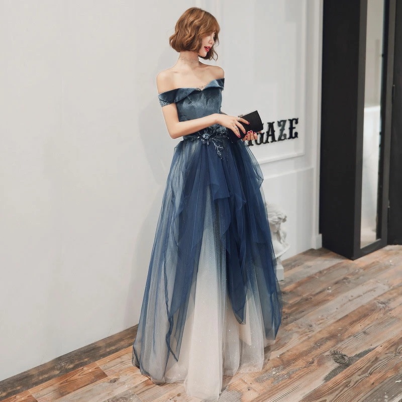 6月の新製品すぐに発送可能 セールカラードレス ロングドレス ネイビー 紺 オフショルダー 編み上げ パーティードレス ウェディングドレス ウエディングドレス 結婚式 二次会 披露宴 花嫁 発表会 フ