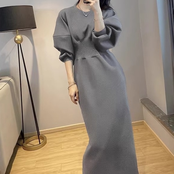 ワンピース ミモレ丈ワンピース 5分袖 パフスリーブ ボリューム袖ラウンドネック ウエストマーク かわいい 大人可愛い きれいめ シンプル 上品 おしゃれ かっこいい カジュアル こなれ感 個性的