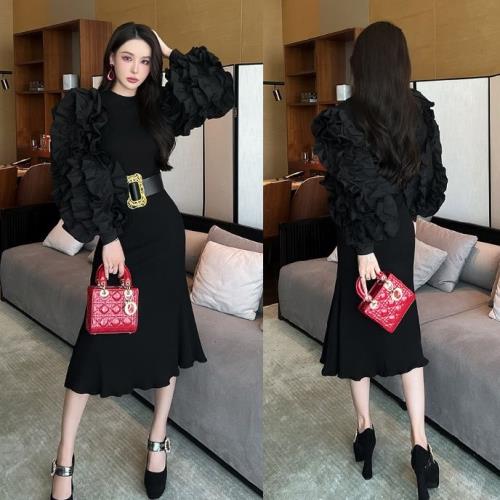 2点購入で200円割引期間限定オファー コストパフォーマンスブラック マーメイド ドレス パワーショルダー 黒 パーティードレス マーメード バルーンスリーブ パフスリーブ レディース ワンピース ロ