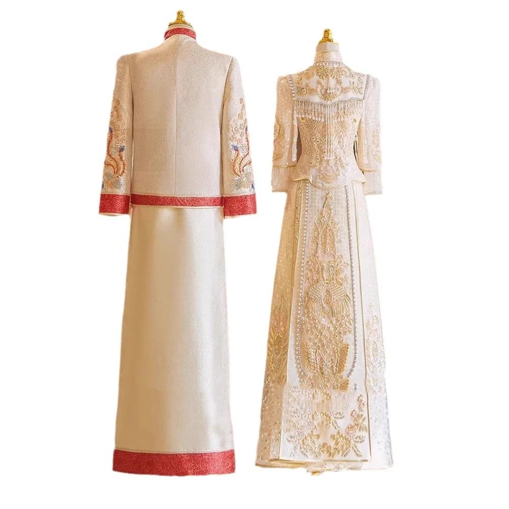 ワンピースドレスドレス七分袖 改良中華ドレス マキシ丈 ドレス チャイナ 花嫁ドレス 中国風ウェディングドレス-95 チャイナドレス 敬酒服 金色な刺繍 中国風結婚式秀禾服 ロング丈 ワインレッド