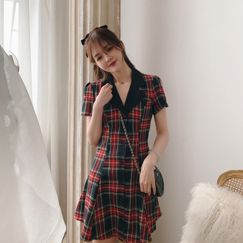 レトロ風 ラペルカラー 個性的 フェミニン ミニワンピース デート ミニワンピ チェックワンピ ミニ ミニ丈 袖あり 半袖 Vネック 襟付き テーラード Aライン 前開き ボタン リボン 綿 コットン