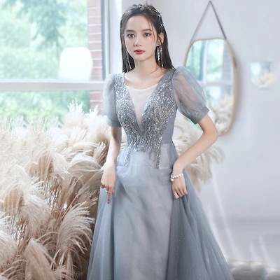 女性のロングドレス2025春のブルーのスリムな質感のワンピース司会者会イブニングドレスです