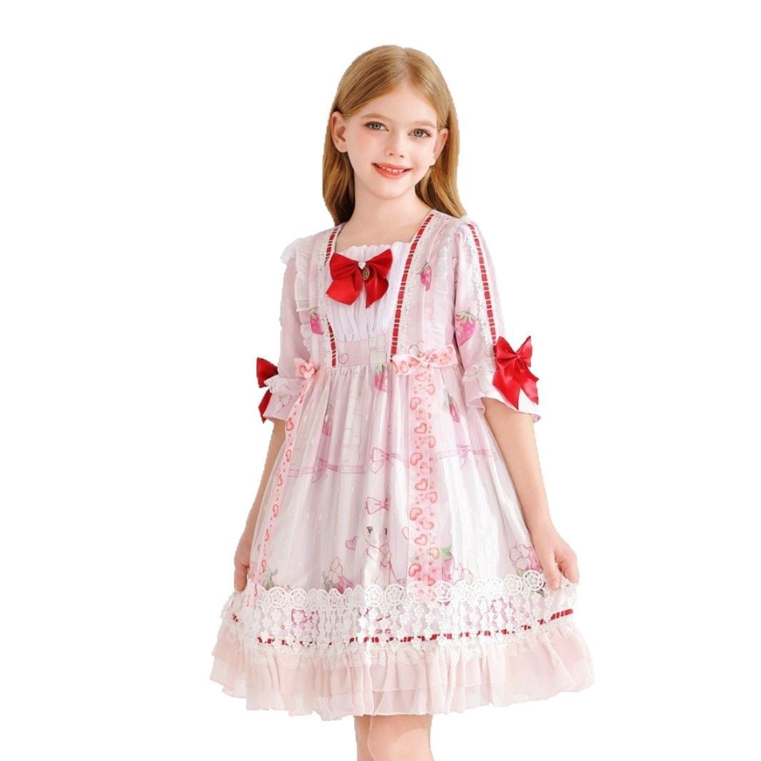 子供ロリータシフォンレースワンピースイチゴピンク夏女子ローリlolita子供服プリンセスドレス
