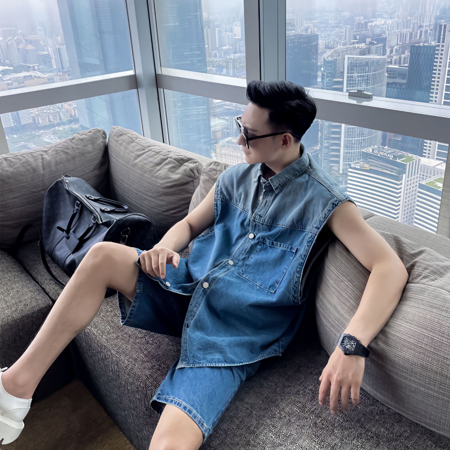 サマー メンズ 流行り ゆったり デニム ノースリーブ トップス+デニム 半ズボン かっこいい 2点セット