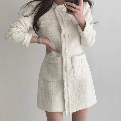 沸騰新柄追加 ワンピース ツイード レディース 個性的 ショート丈 前開き タイト スリム 細身 秋 冬 膝上 ボタン ポケット フリンジ ベージュ 黒 S M L 上品 きれいめ エレガント 高級感