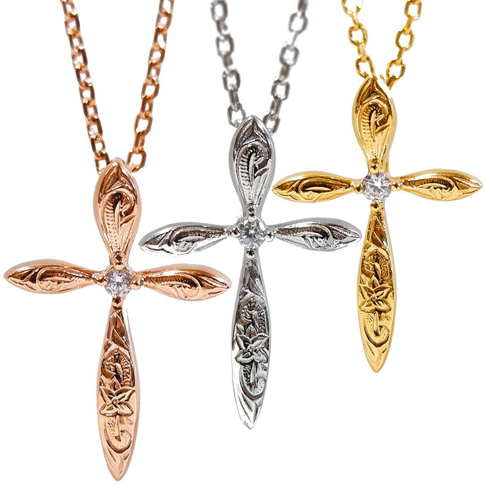 ハワイアンジュエリー ネックレス クロス レディース メンズ シルバー ゴールド ピンクゴールド ペンダント チェーン付き サージカルステンレス ユニセックス 花 プルメリア スクロール 男女兼用