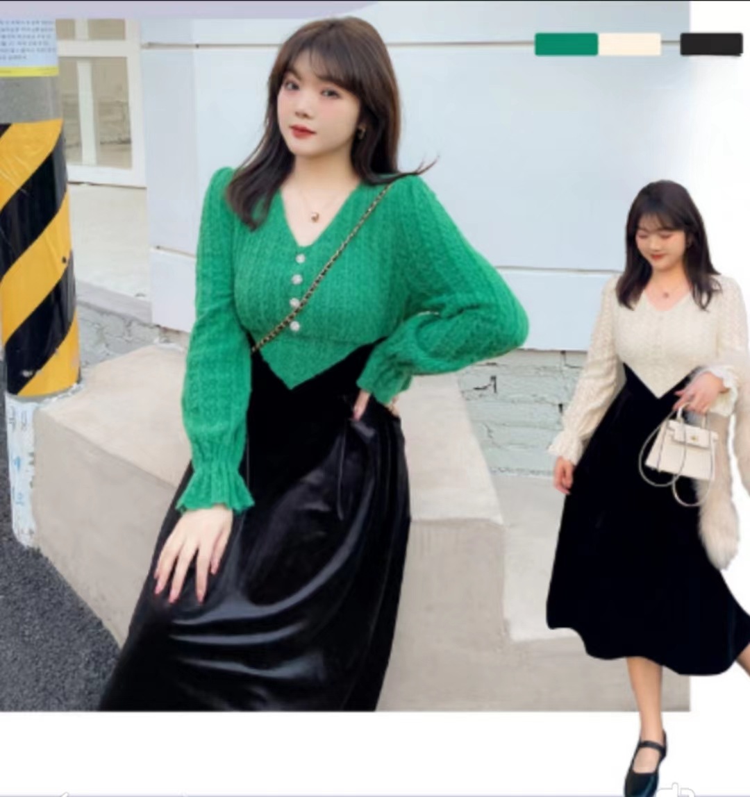 大きいサイズの女装vネックの太ったmmのスカートは240斤の毛羽レースでベルベットのワンピースk1748をつなぎ合わせた