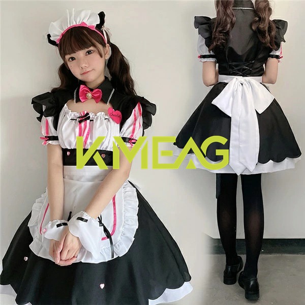 コスプレ衣装 メイド服 レディース 5点セット ワンピース 仮装 セクシー ピンク ライン フロントカットアウト 半袖 フリル 大人 コスプレ ハロウィン 衣装 コスチューム コス ウェイトレス ハロ