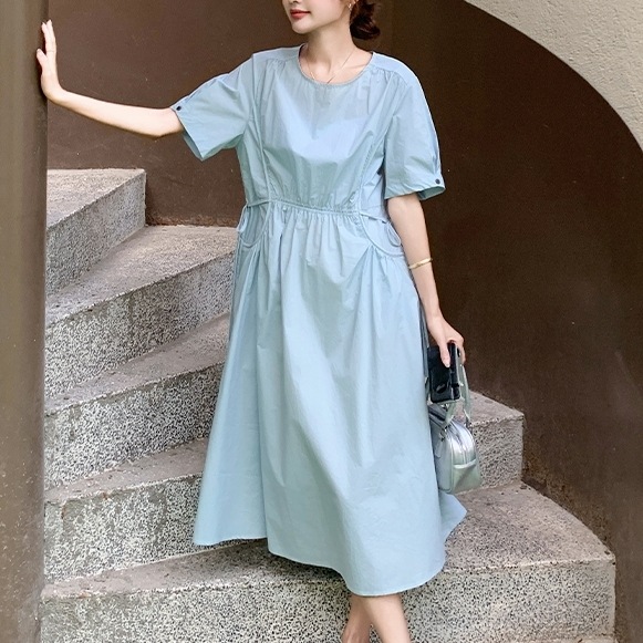 ワンピース ロングワンピース シャツワンピース 5分袖 ラウンドネック ウエストリボン セミフレア かわいい 大人可愛い きれいめ シンプル 上品 おしゃれ かっこいい カジュアル こなれ感 個性的