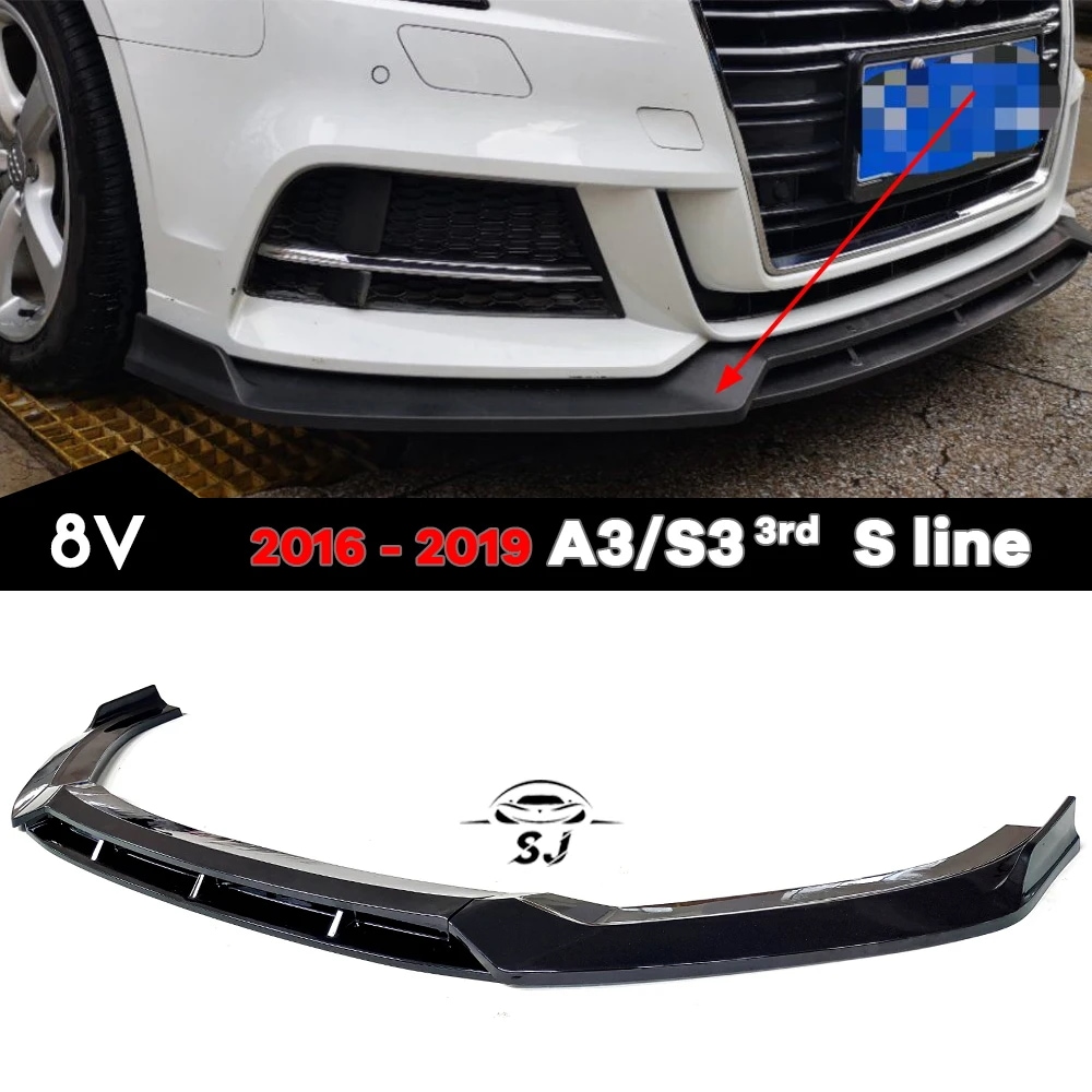 アウディA3,s3,s3,8v,2016-2019,sラインまたは3のみ用のカーボンファイバー光沢のある黒のフロントバンパー