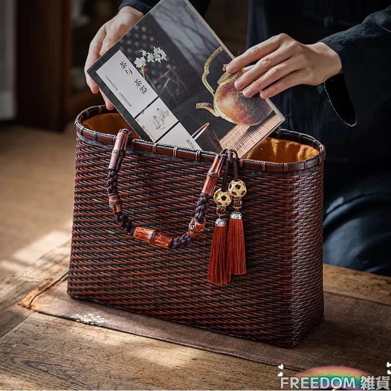 バッグ 職人手作り 自然竹の編み上げ お買物かご かごバック 籐かご 小物入れ 漆器 工芸品 茶道具 丈夫 大容量