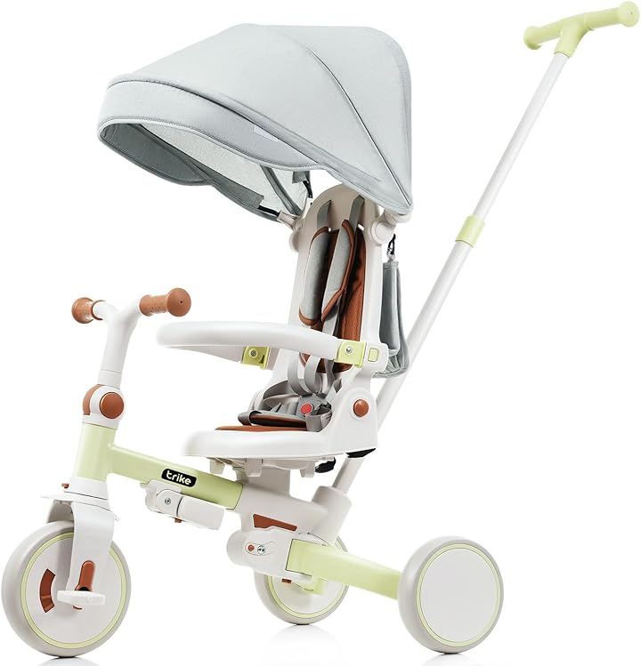 子供用三輪車 7in1 折りたたみ 手押し棒付き 座面回転 自転車 超軽量 乗用玩具 誕生日 プレゼント (グリーン)