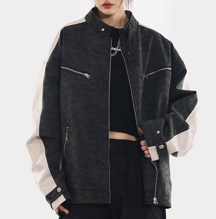 アウター ジャケット レザージャケット 長袖 襟付き 前開き ポケット ミディアム丈 かわいい 大人可愛い きれいめ シンプル 上品 おしゃれ かっこいい カジュアル レトロ ラフ ルーズ こなれ感