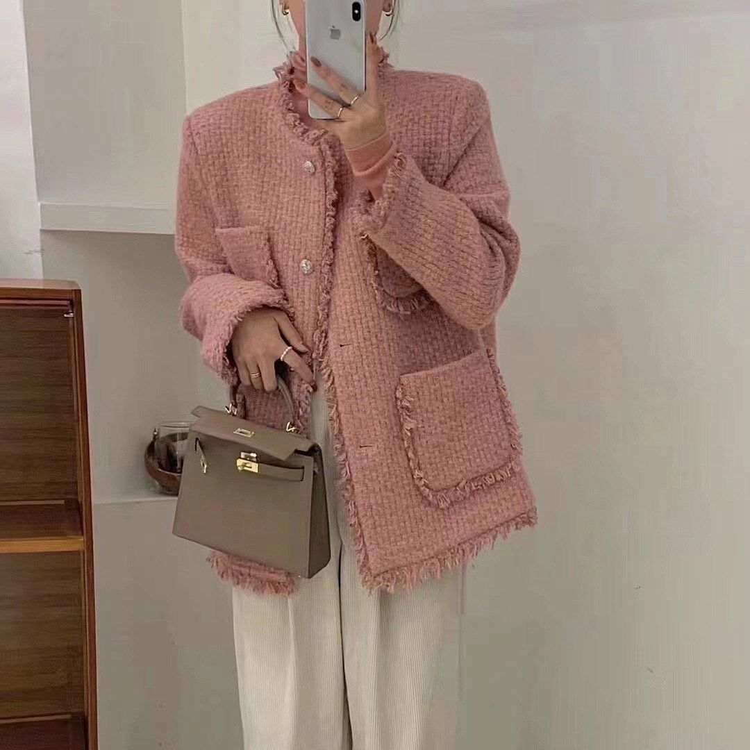 ピンクツイードスモールウーブンコート女性ショートセクション2022年春レトロウールコート