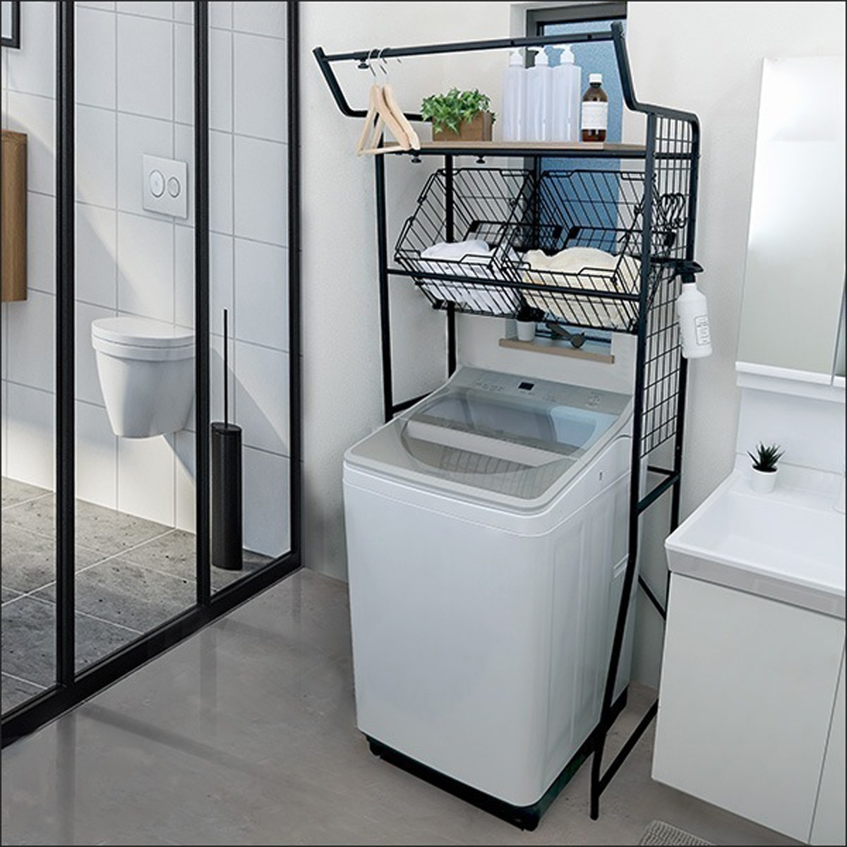 ヴィンテージ ランドリーラック ランドリー収納 洗濯棚 洗濯機 伸縮ハンガーバー 収納スペース