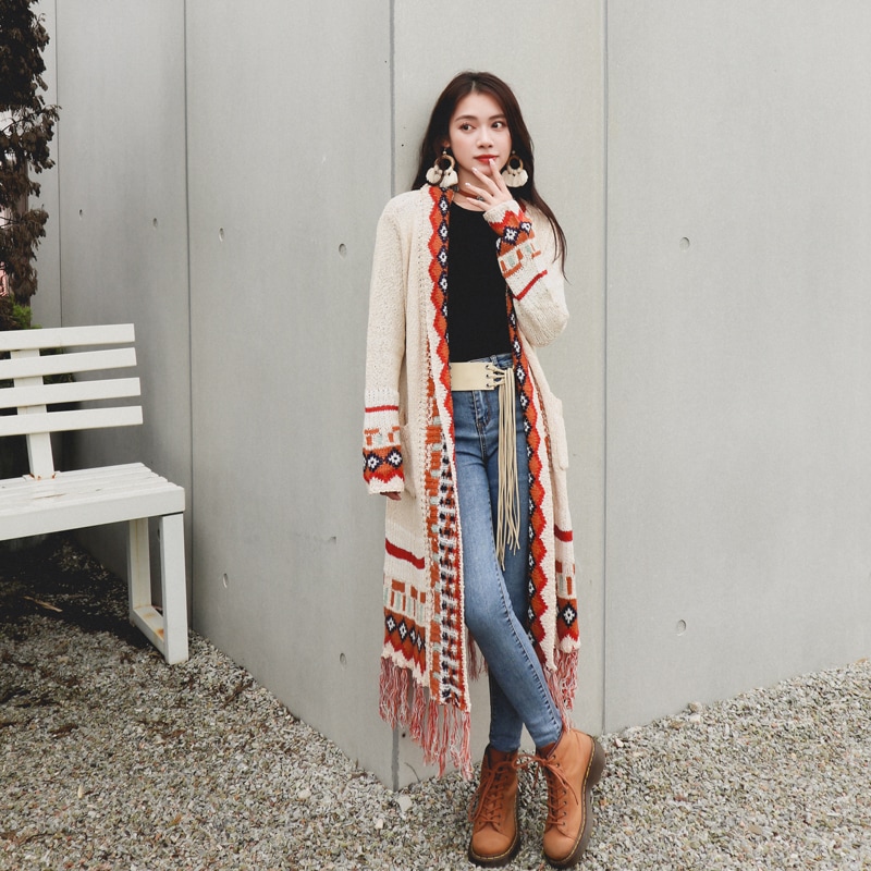 23/10000 实时翻译 划译 秋冬フリンジカーディガンミディアムセーターポンチョゆったりニット長袖コート レディース