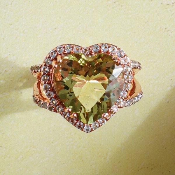 ハートシェイプ Halo リング レモンクォーツ 天然 アメジスト 約5カラット 13mm サイズ：10号