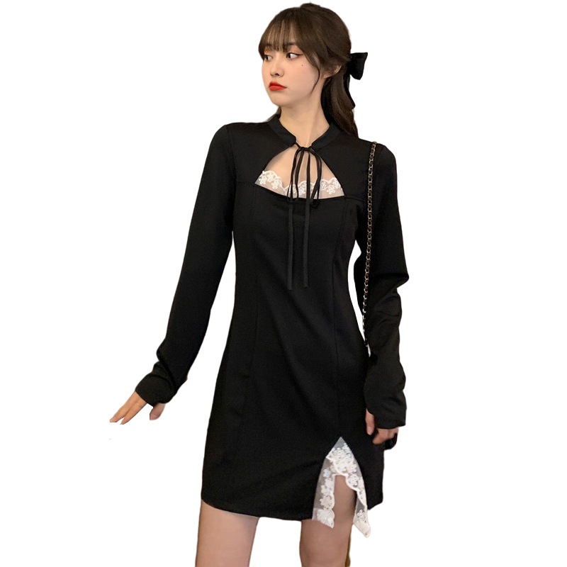 レディース ワンピース 長袖 黒 セクシー ドレス レースアップ 可愛い服 お洒落 大人系