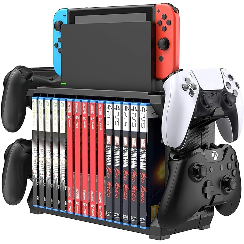 多機能縦置きスタンド for Switch Xbox PS4 PS5 15枚ゲームソフト収納 大容量 Switch/PS4/PS5/Xbox コントローラー ゲームヘッドセット 収納ラック 収納棚 組