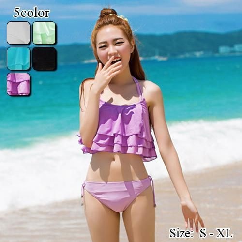 【グラシア】 水着 ビキニ レディース ビーチウェア スイムウェア 流行 海 プール 3段ティアード バンドゥブラ フリル フロントクロス しっかり バンドゥ ビキニ 自然 ホワイト グリーン ブルー