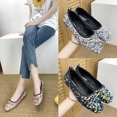 スパンコール靴 バレエシューズ リピート多数 韓国 フラット サンダルフラットシューズ ローファーフラット シューズ