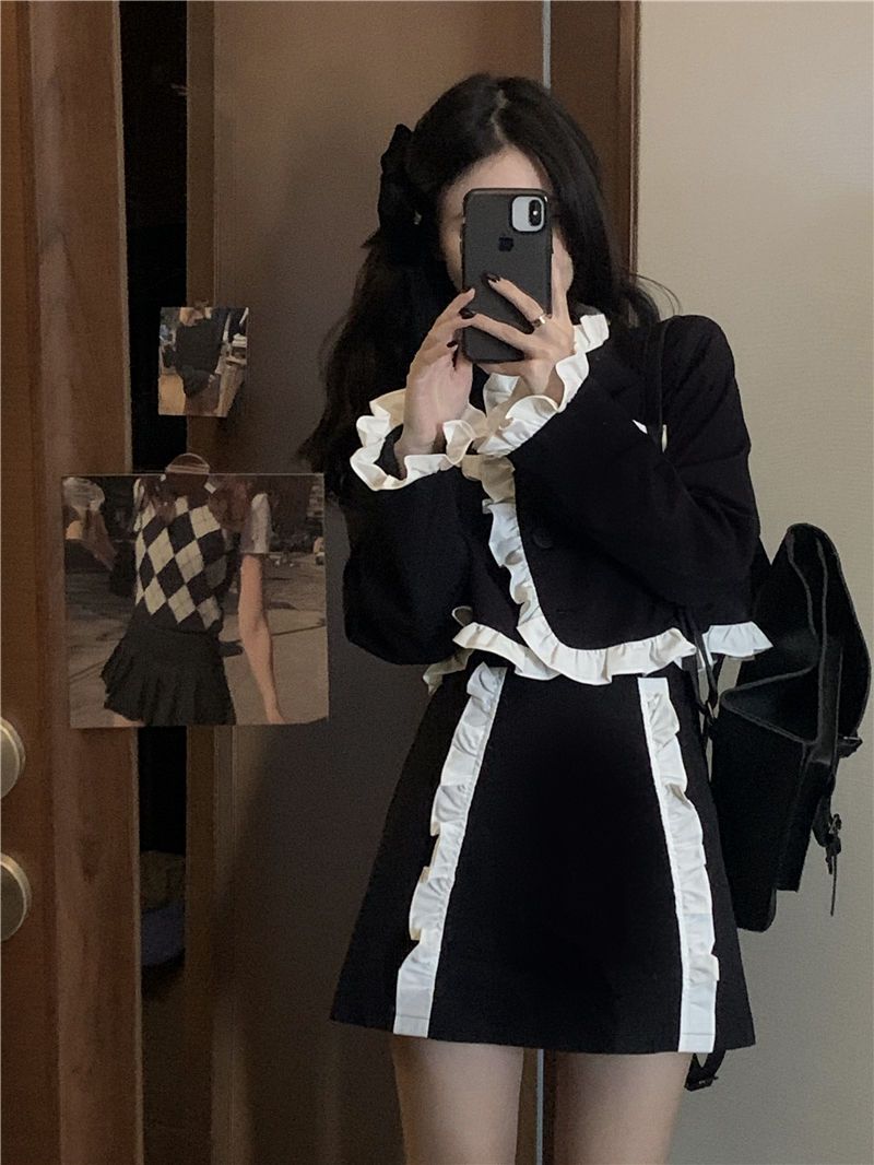 新作春春冬 高級感 韓国ファッション 黒いブレザー 洋風セット 復古 上着 スカート 2点セット