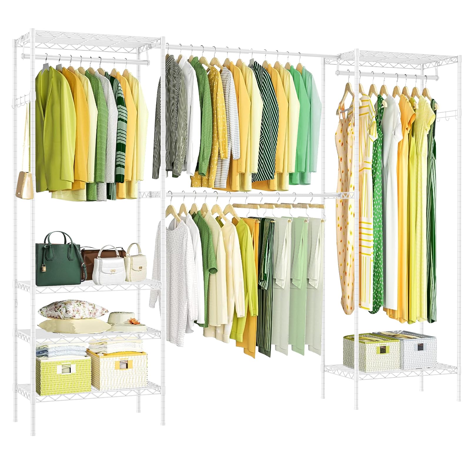 ハンガーラック 幅調整可 伸縮式ワードローブ メタルラック 棚板高さ調節 コート掛け ラック本体 大容量 防サビ 頑丈 幅178.5~228*奥行35.5*高さ181cm (ホワイト)