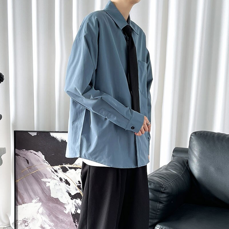 春のネクタイシャツメンズファッション無地ビジネスカジュアルシャツメンズ韓国ルーズ長袖 Lawma Academy