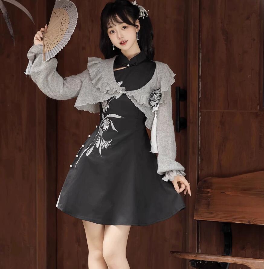 ロリータワンピース 2点セット 中華風 ロリータ服 改良版漢服 袖なし チャイナドレス ユリの花柄 ボレロ 羽織 レディース ハロウィン コスプレ衣装 漢元素 ドレス 古風 コスチューム
