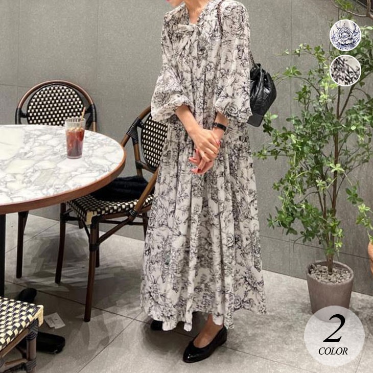 花柄 ロングワンピース レトロ レディース 春 夏 秋 フラワー ワンピース ロング丈 ドレス 長袖ワンピース おしゃれ 上品 きれいめ シフォン シフォンワンピース 韓国ファッション