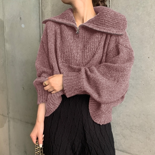 セーター ニット トップス ハーフジップ スタンドカラー リブ ワイド ビッグシルエット ワイド ドロップショルダー 長袖 大人可愛い シンプル 上品 お洒落 こなれ感 無地 10代 20代 30代