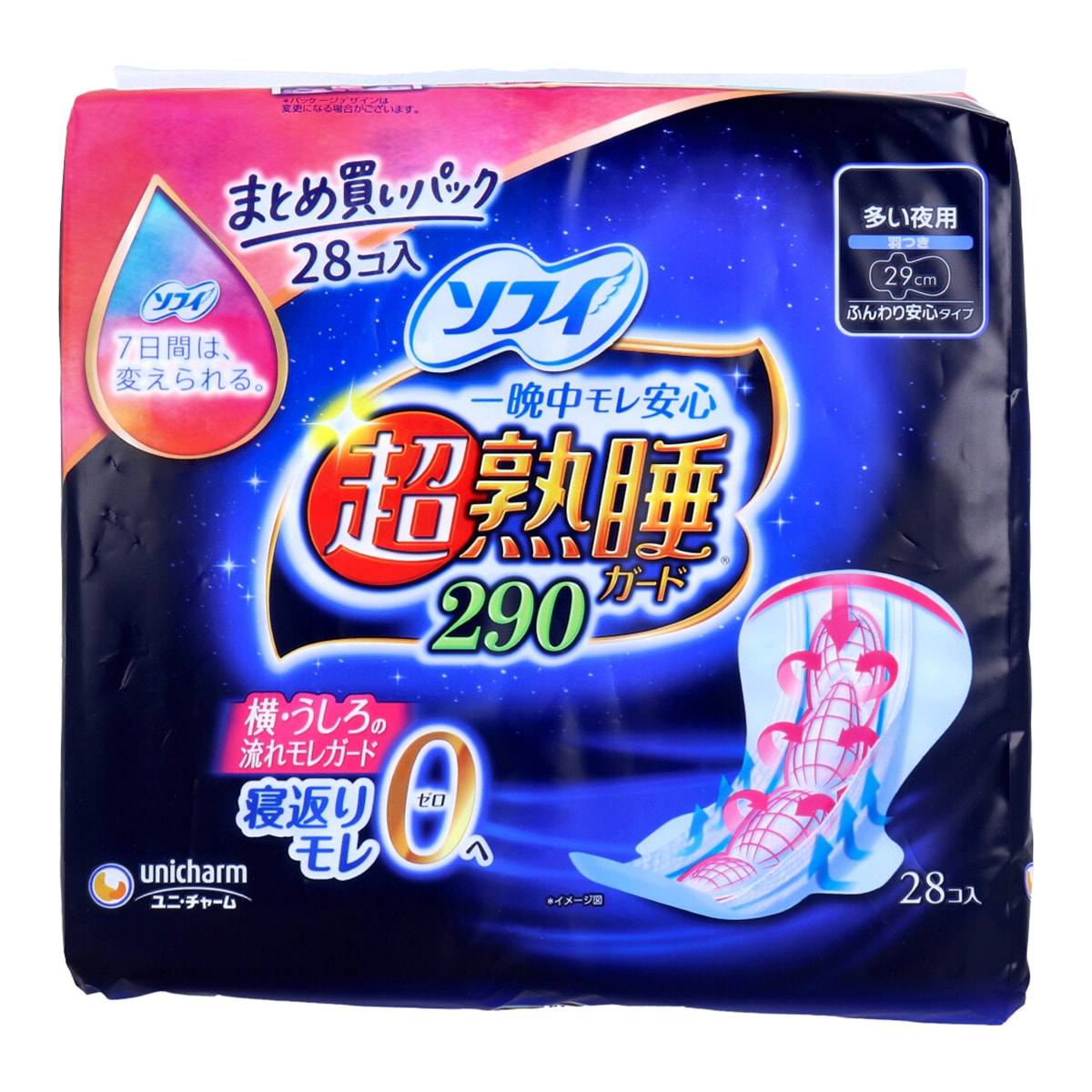 生理用ナプキン ユニ・チャーム 超熟睡ガード 一晩中モレ安心 ふんわり安心タイプ 多い夜用 羽つき 29cm 28個入り X5パック