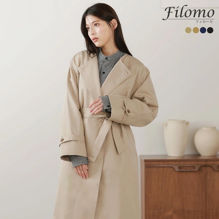 ノーカラーコート レディース ロング丈 春アウター コート 弱撥水 filomo 春 秋 ドロップショルダー 軽い 暖かい ベージュ ブラック ロングコート アウター 通勤 通学 フォーマル トレンチ
