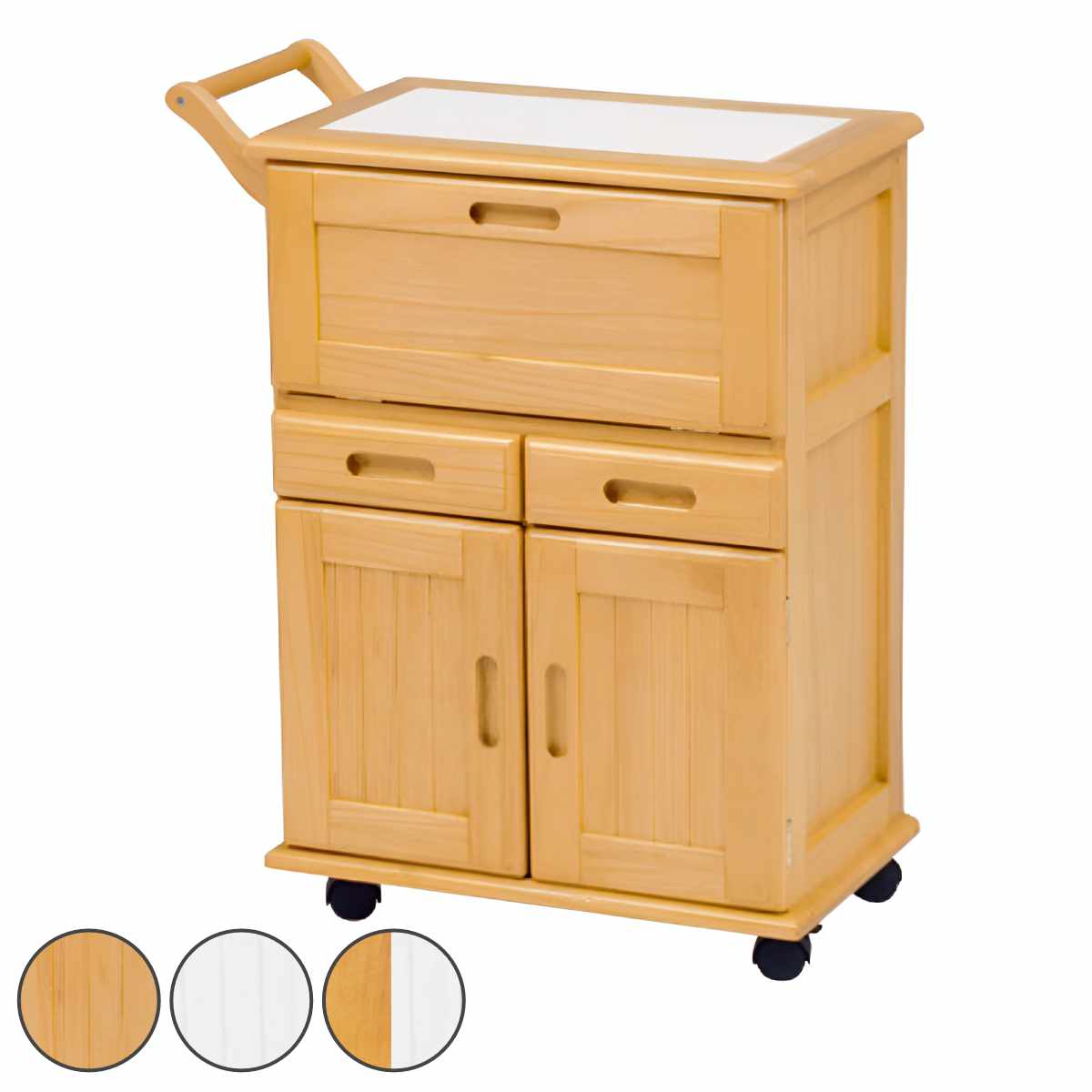キッチンワゴン 天然木 タイル天板付 引出し3杯 扉付 幅59cm キッチン ワゴン キッチン収納 桐 木製 キャスター付き タイル 収納ラック フラップ扉 カトラリー 食器収納 台所収納