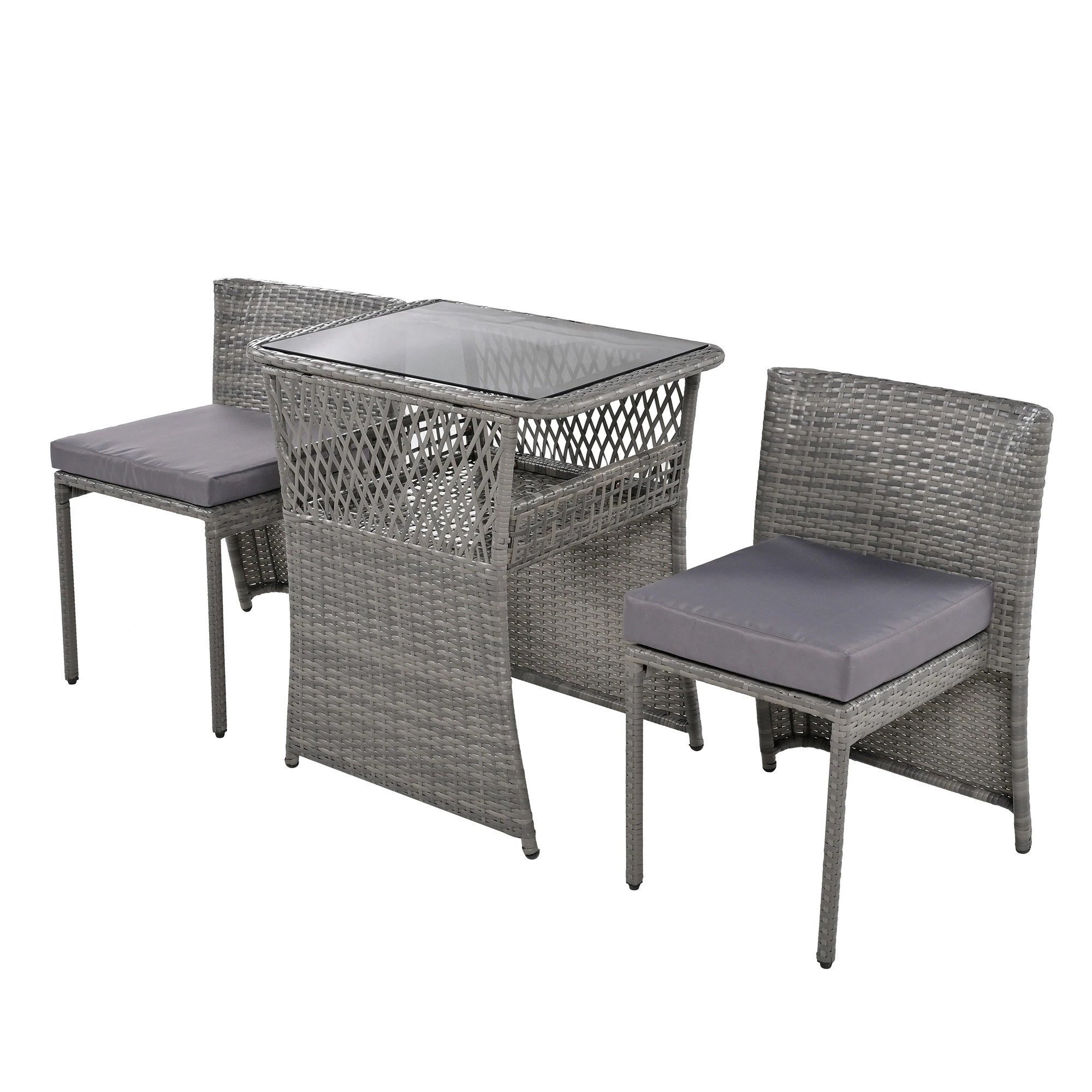 【国内出荷】ガーデン テーブル 3点セット ラタン調 ガーデンファニチャー ベランダテーブル ガーデンテーブル ガーデンチェアー テーブル コンパクト 家具 樹脂 ホテル カフェ【グレー+グレー】