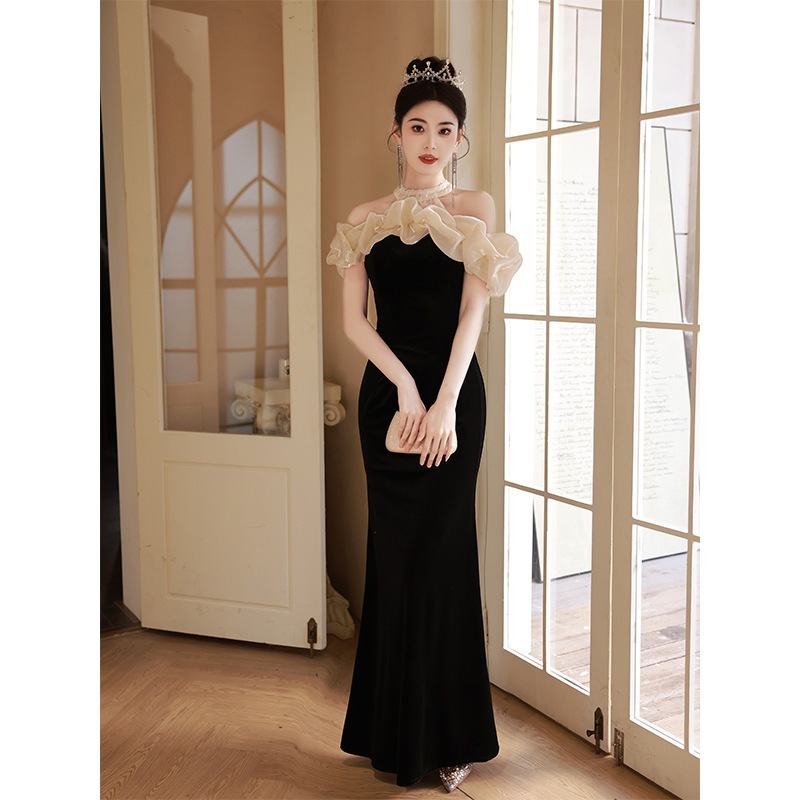 通気性 ミディアムドレス 卒業式ドレス 入学式 パーティードレス 結婚式ドレス 宴会用エレガントなイブニングドレス女性用ブラックフィッシュテールワンショルダードレス司会者向け