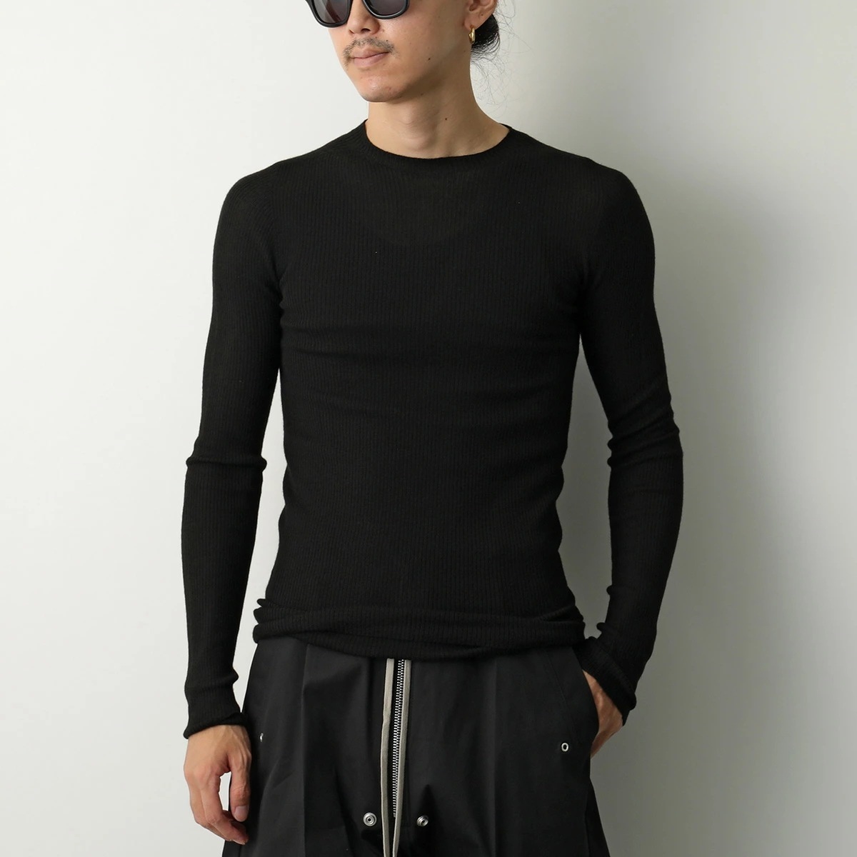 Rick Owens リックオウエンス ニット RIBBED ROUND NECK リブド ラウンドネック RU02E1637 RIBM ウール クルーネック リブニット バックライン 09/BLAC