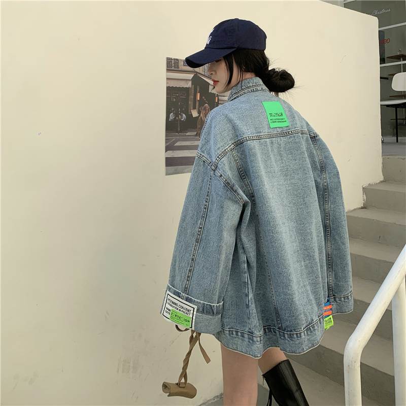 ジャケット デニム Gジャン ジージャン レディース おしゃれ 大人可愛い ワッペン デザイン 青 ライトブルー 個性的 ラフ ルーズ アウター 上着 羽織 長袖 ポケット 大きめ オーバーサイズ