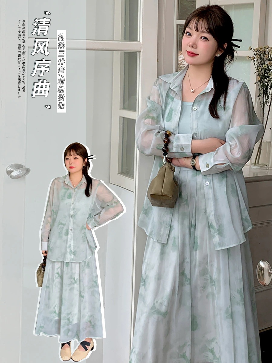 【ぽちゃまに】 夏新品 上下3セット 大きいサイズ ブラウス＋キャミソール+スカート チャイナ風 体型カバー レディース セットアップ メガ割30%までに制限